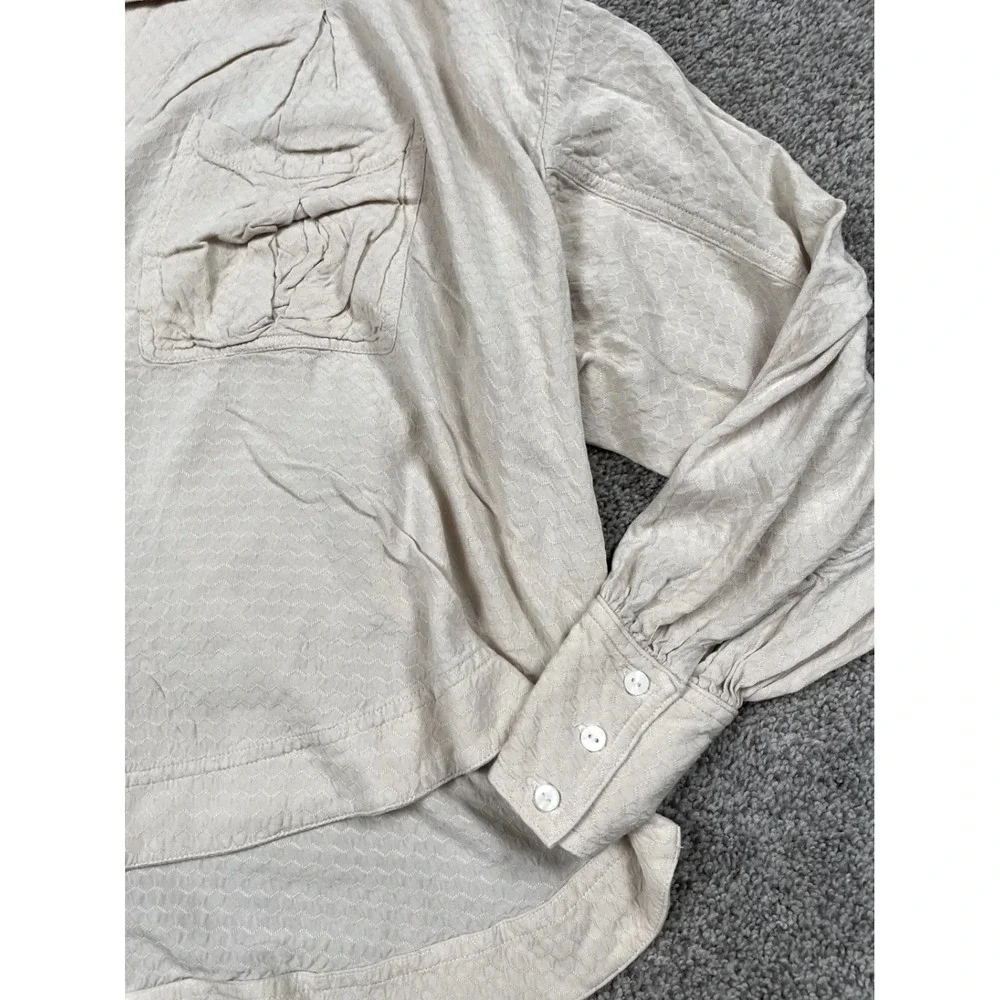 Free People Shirt Womens XS Button Down Beige Boho Tunic High Low Flowy Flutter